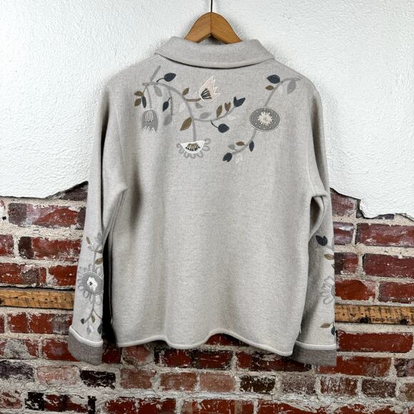Icelandic Design Jacket Size Medium Tan Wool Zip Up Floral Embroidered Sweater - Picture 10 of 11